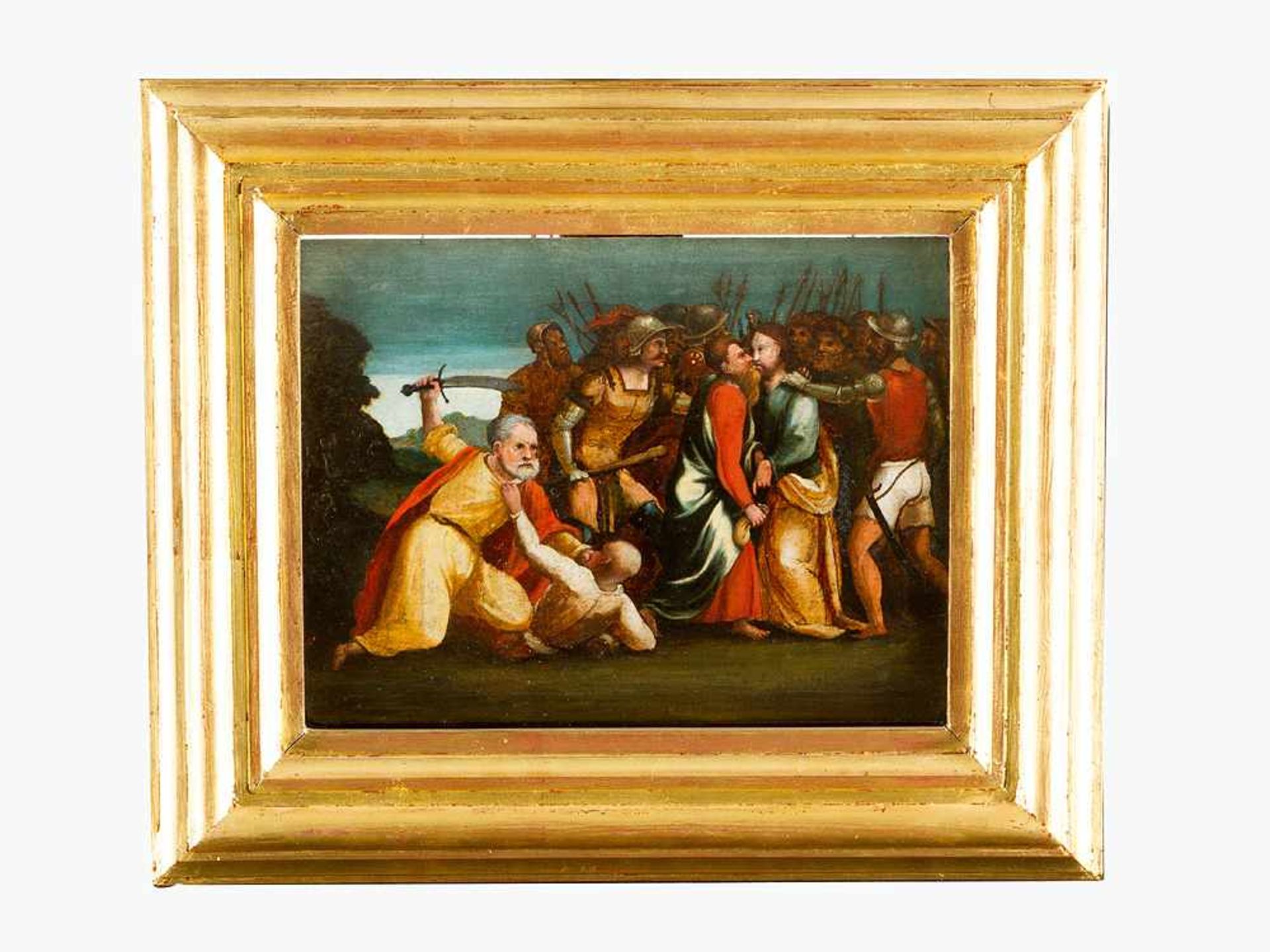 German Sschool 16th Century, The arrest of Jesus; oil on wooden panel, framed. 23x30cm- - -24.00 %