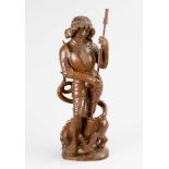 German sculptor 15th Century, St. Michael with the dragon, oak wood carved, on naturalistic base; on