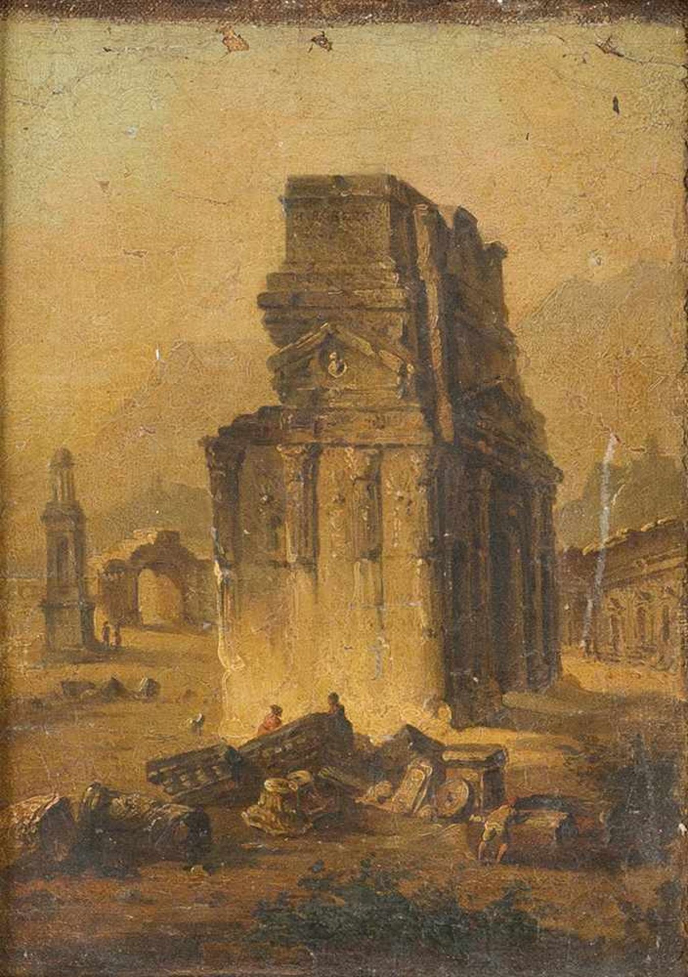 Hubert Robert (1733 -1808) attributed, People in front of classical monuments in landscape, oil on - Bild 2 aus 3