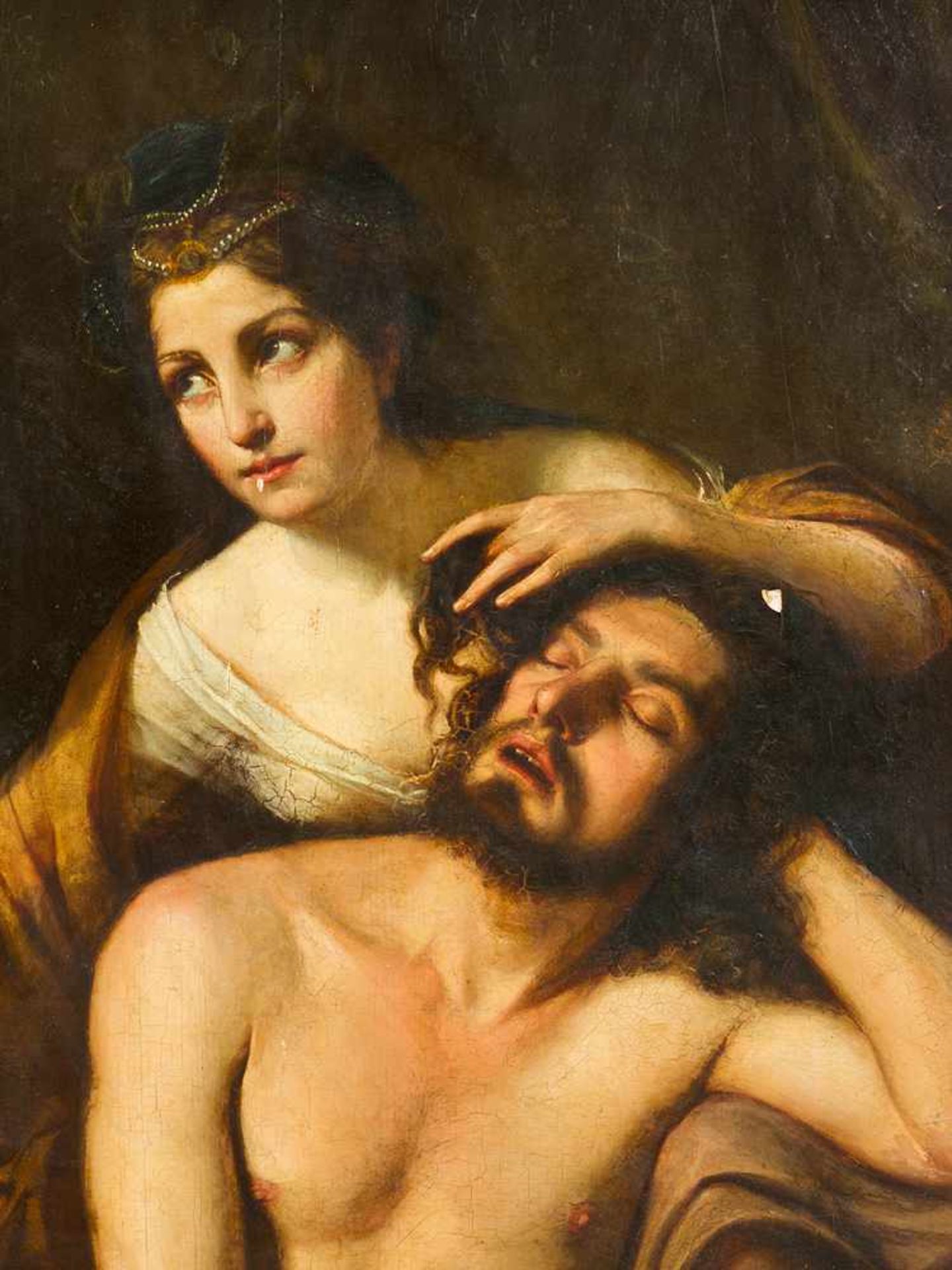 French School around 1800, Samson and Delilah; oil on large wooden panel; damages.170x135cm- - -24. - Bild 3 aus 3