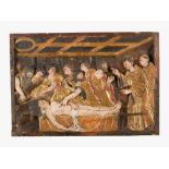 Italian sculptor 16th Century, wooden carved panel with funeral of a saint; in half relief