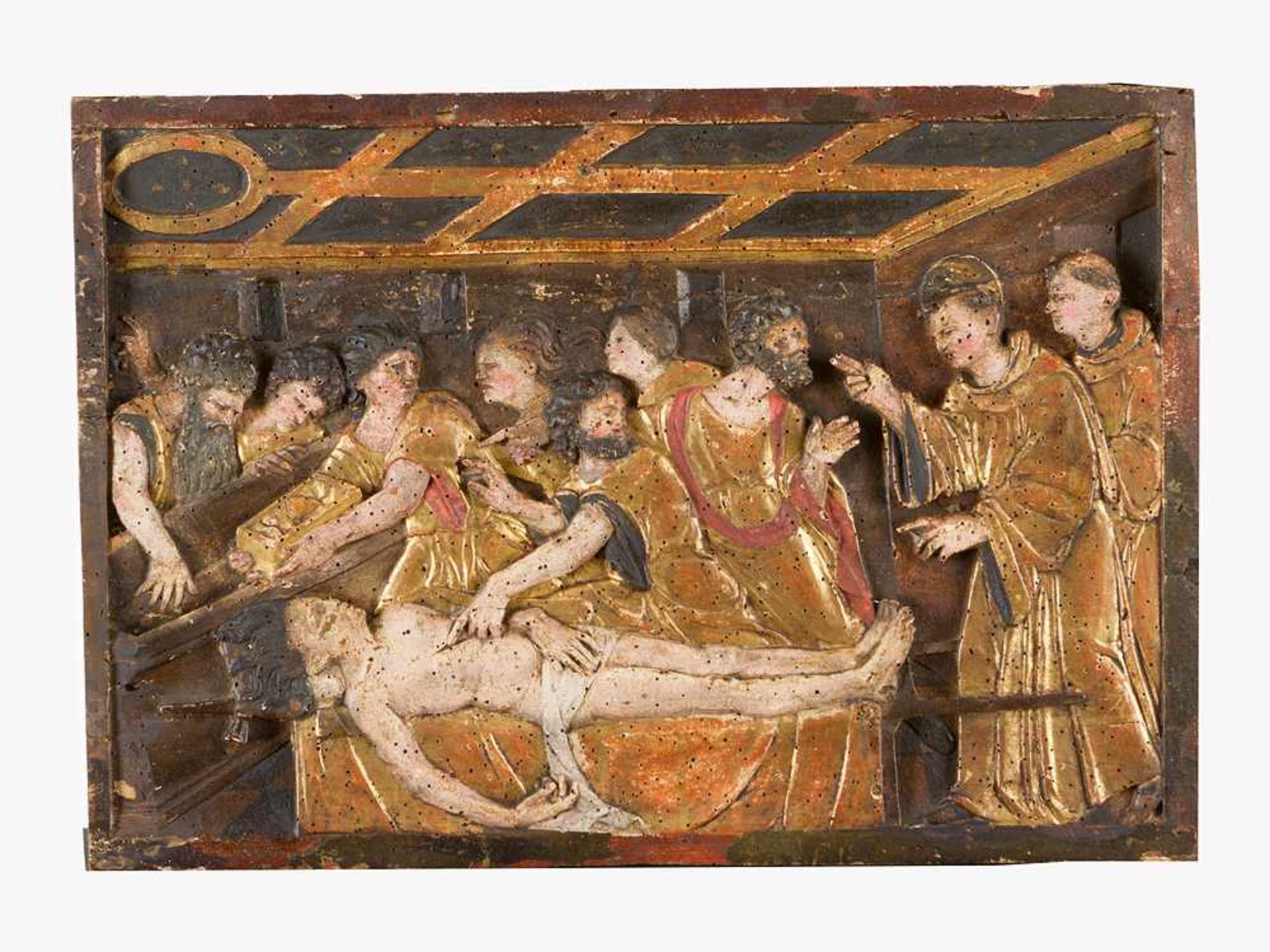 Italian sculptor 16th Century, wooden carved panel with funeral of a saint; in half relief