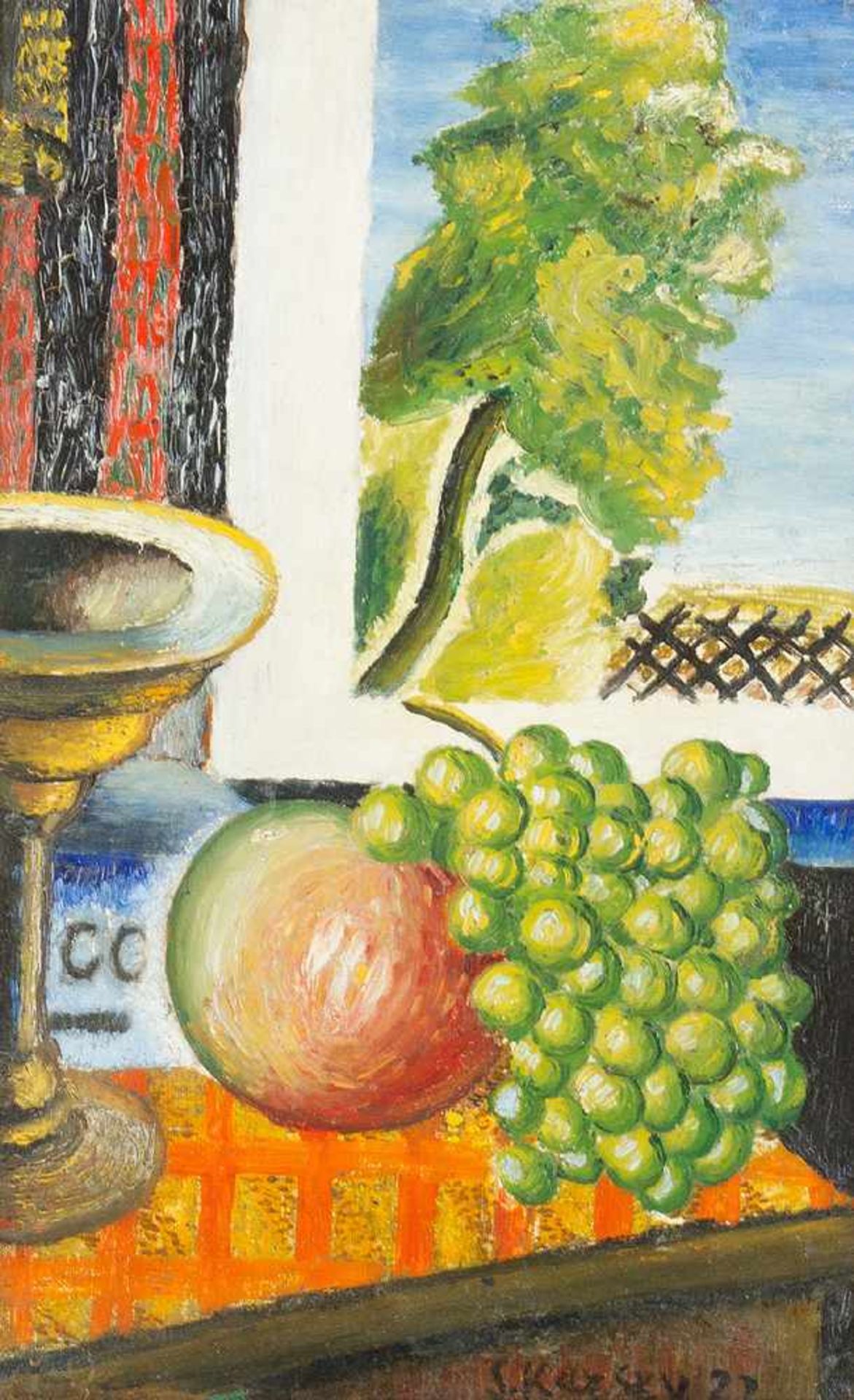 Sergey Karsky (1902-1950), Still life with landscape view, oil on board, signed bottom right and - Bild 2 aus 3