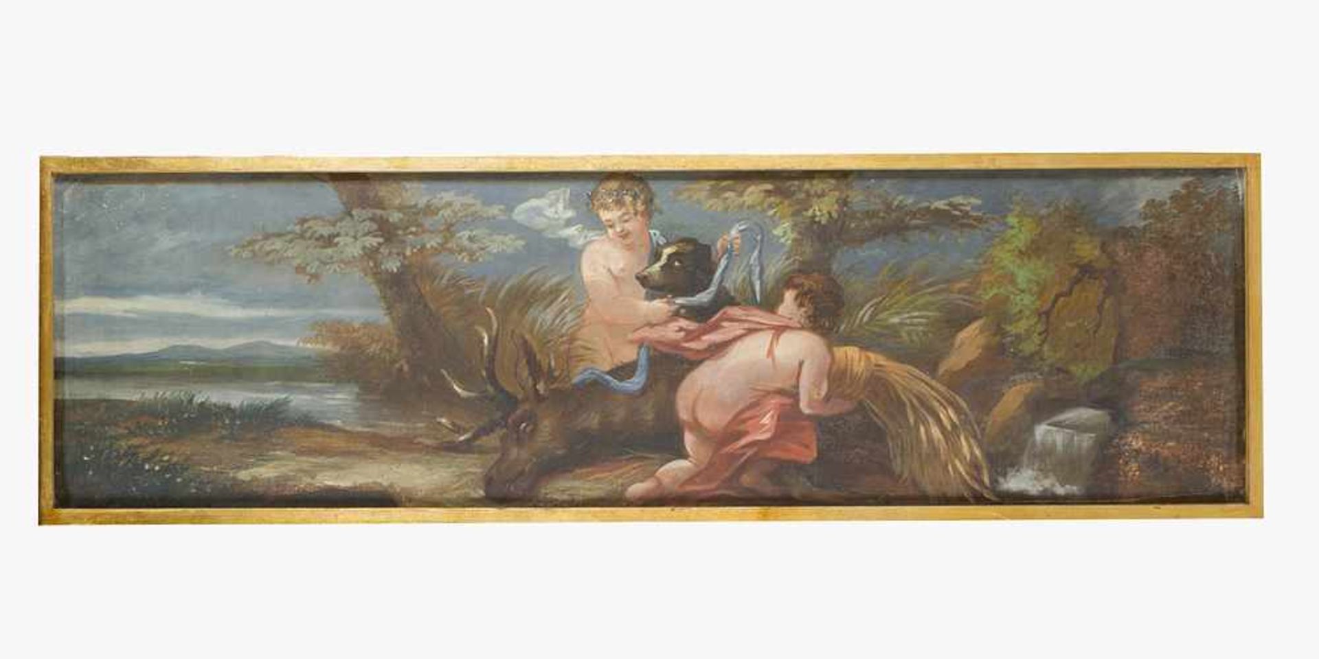 Venetian Artist 18/19th Century, Hunting allegory with two boys, a dog and a stag in landscape,