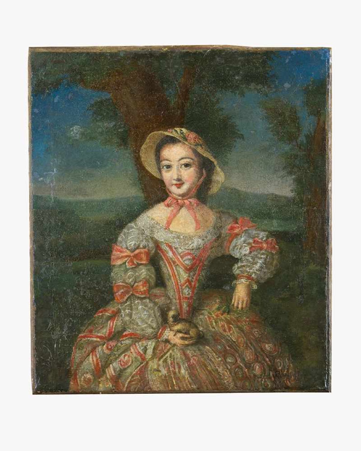 French artist 18th Century, Elegant lady with dog in landscape; oil on canvas.51x44cm- - -24.00 %