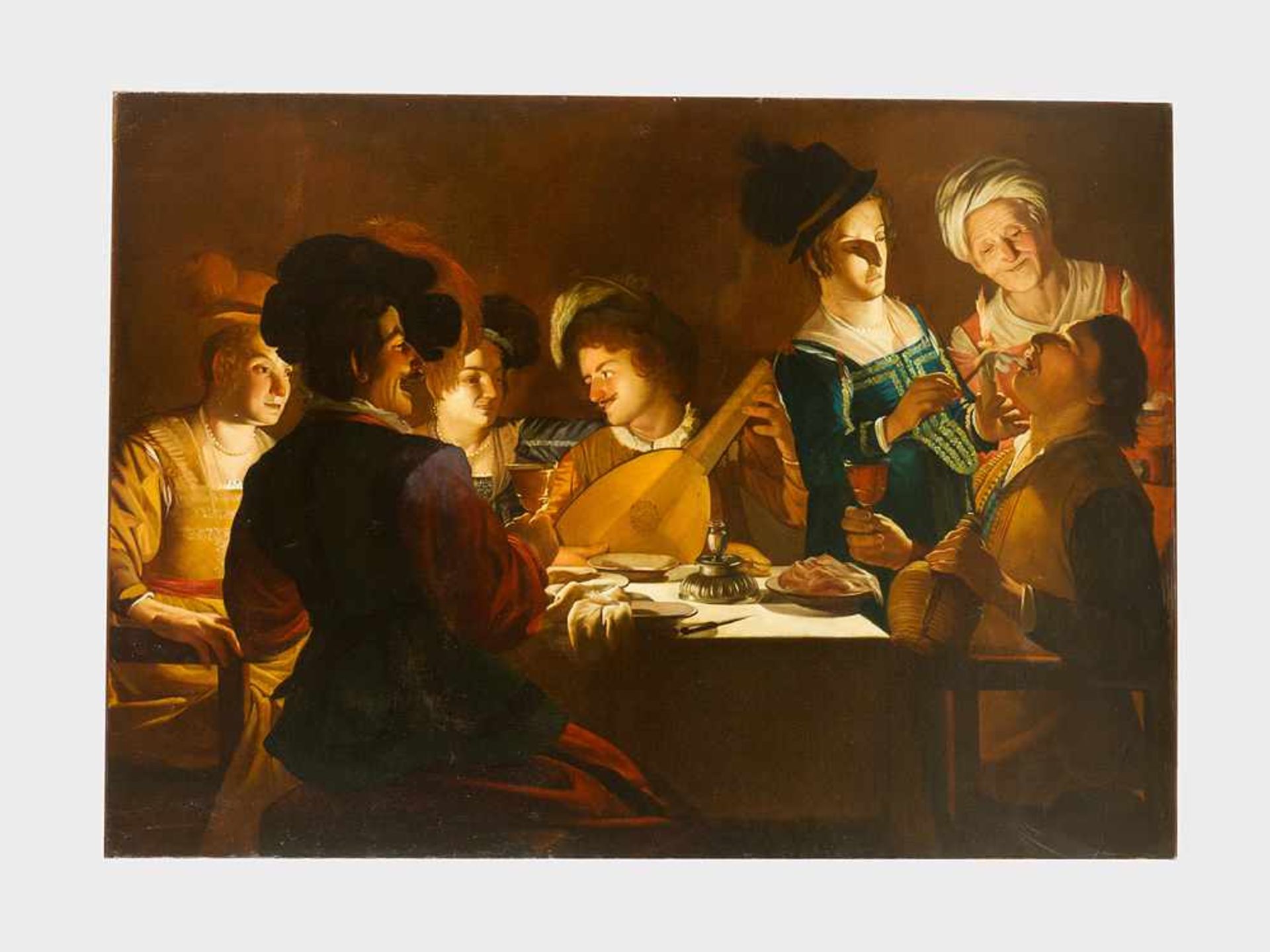 Gerrit Van Honthorst (1592-1656)-studio, Elegant company playing music and feasting at candle light;