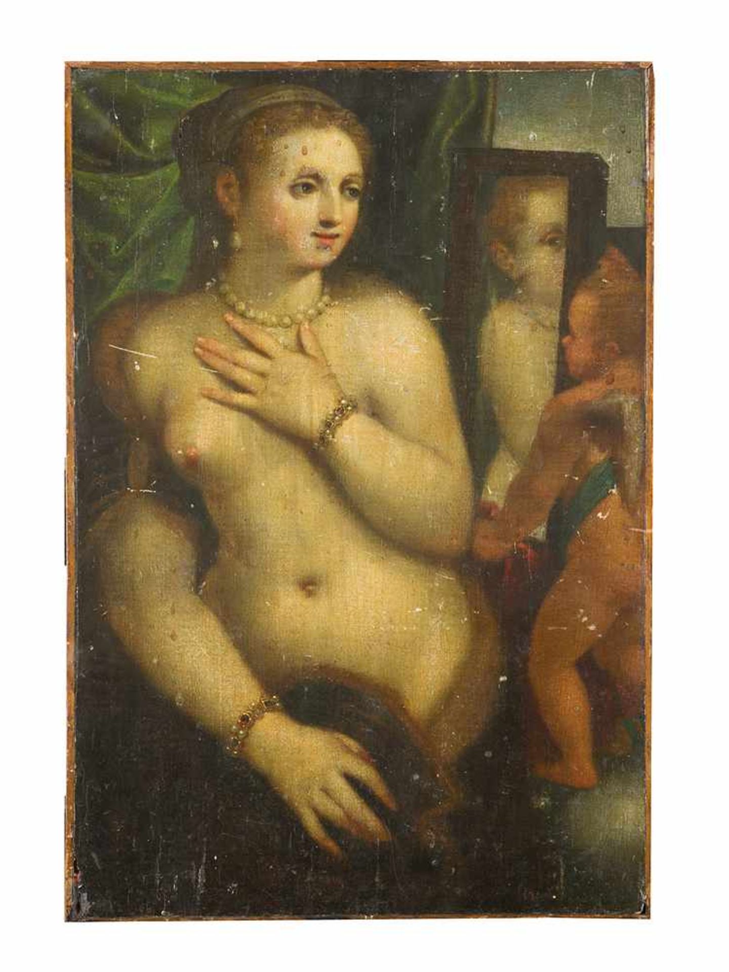 Giacomo Palma il Giovane (1548–1628)-attributed, Venus with Mirror and angel in front of a green