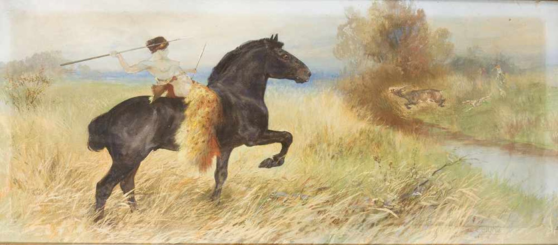 Symbolist around 1916, Amazon hunting, oil on canvas, framed under glass signed bottom right ,F.R. - Bild 2 aus 3