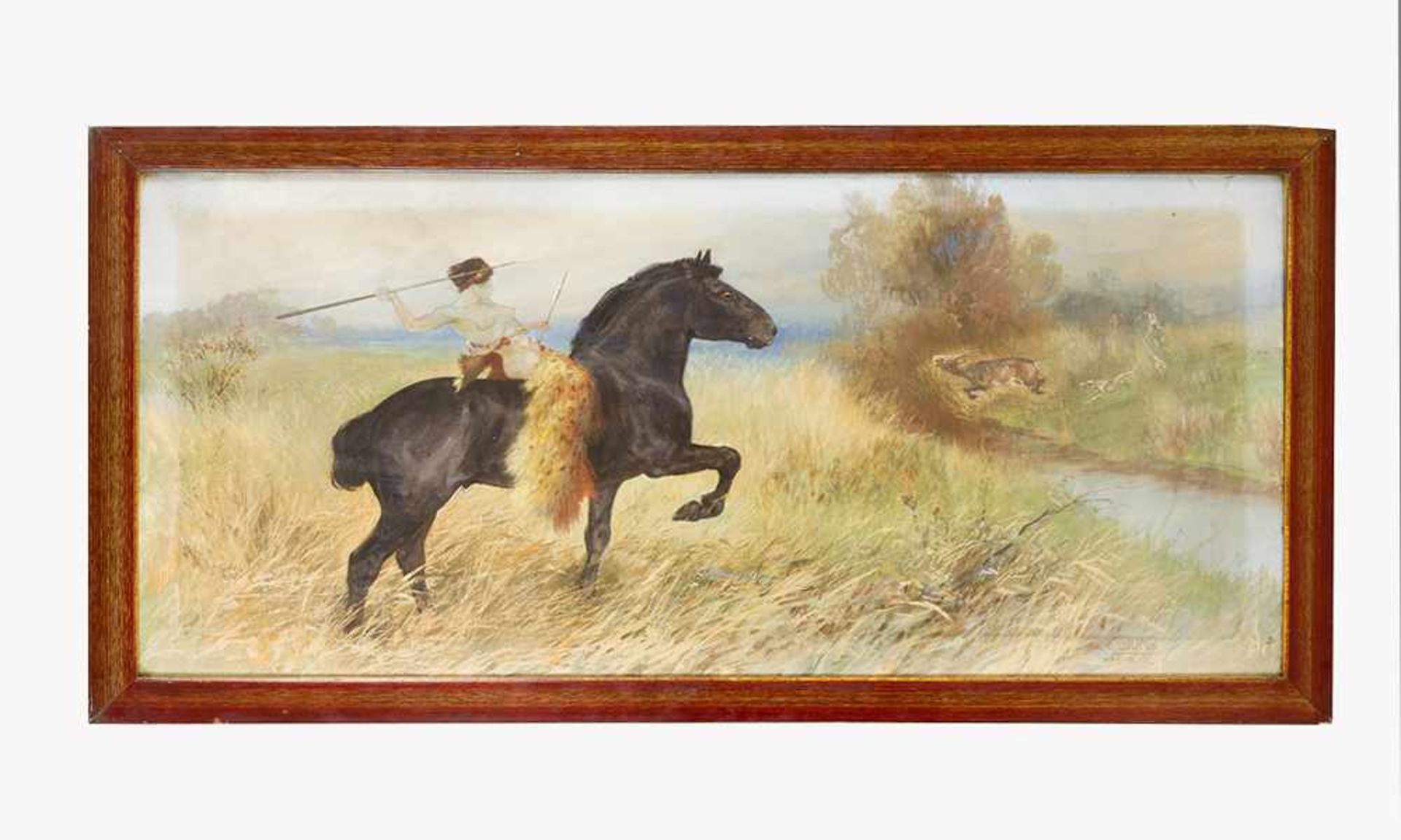 Symbolist around 1916, Amazon hunting, oil on canvas, framed under glass signed bottom right ,F.R.