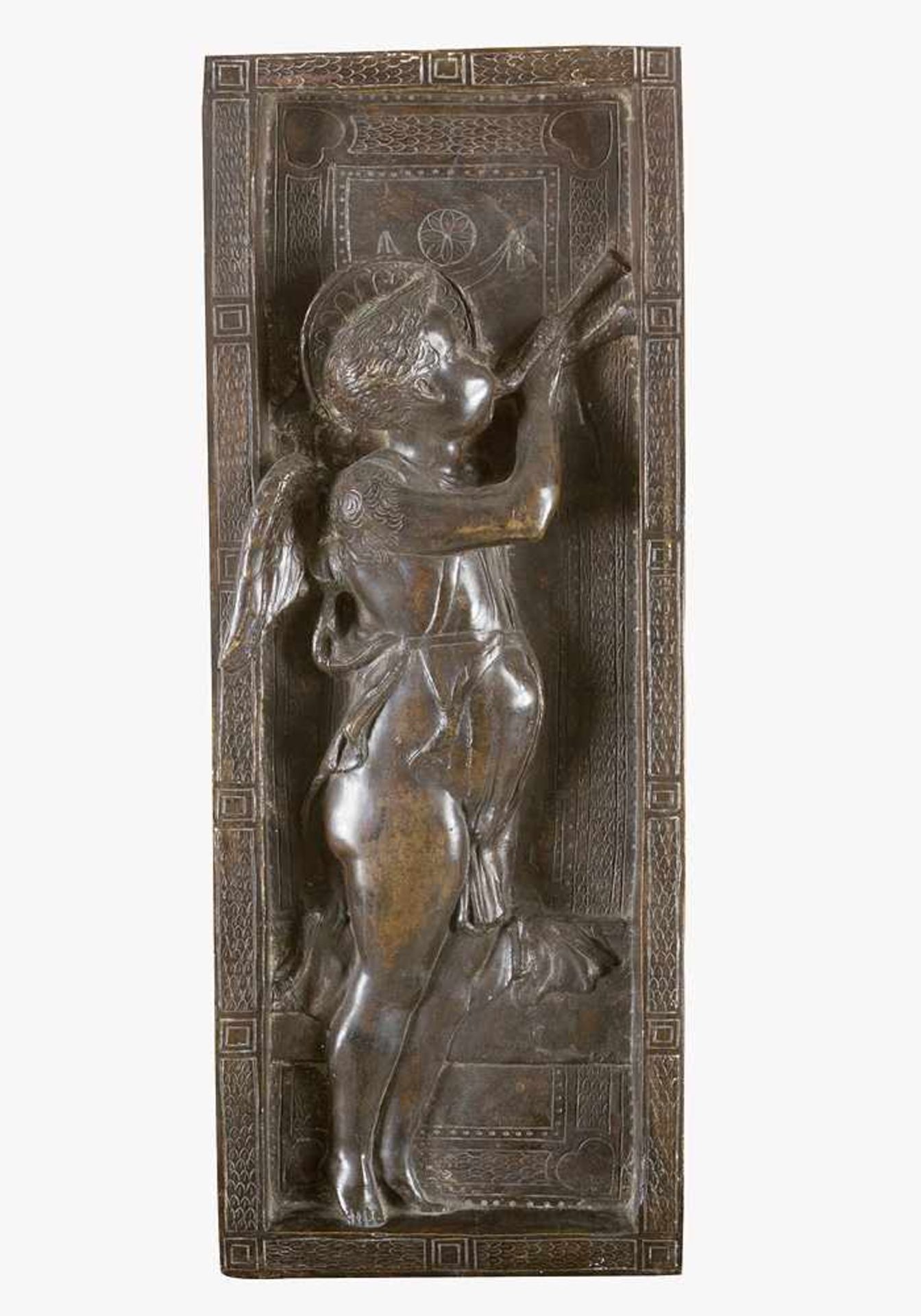 Bronze Relief, in Renaissance Manner; bronze plaque with angel and integrated border, original