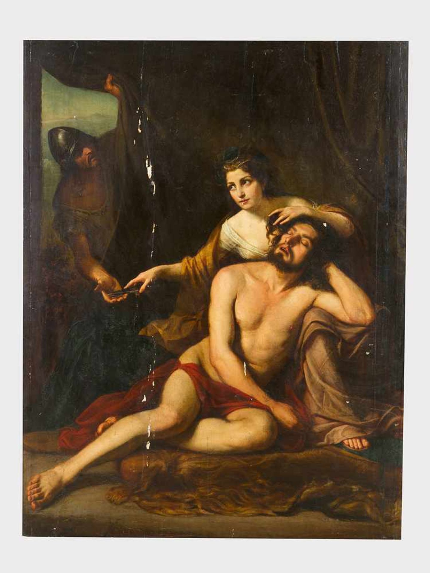 French School around 1800, Samson and Delilah; oil on large wooden panel; damages.170x135cm- - -24.