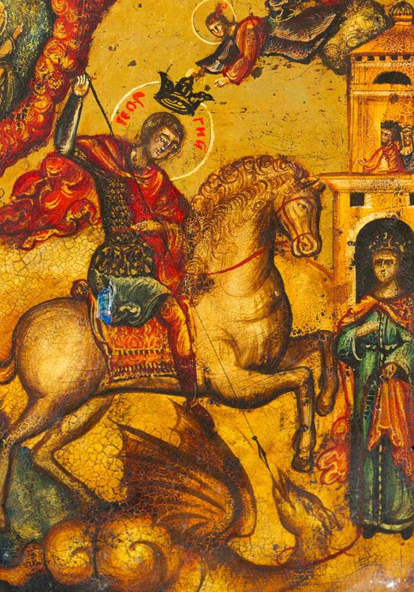 Russian Icon, with Saint George and the dragon and biblical scenes; multicoloured painted, on gold - Bild 3 aus 3