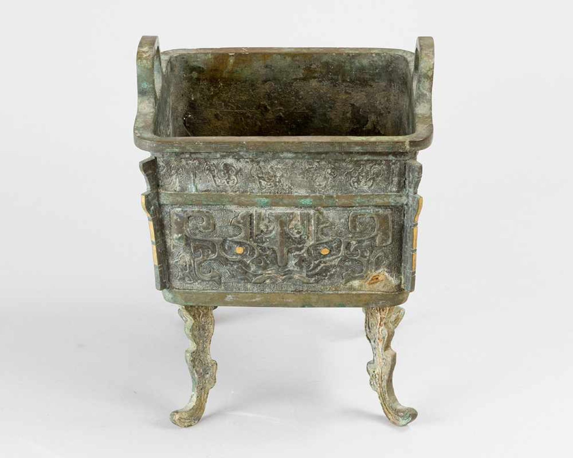 Chinese Bronze Container, quadratic shape with two handgrips and ornamental decorations, on four