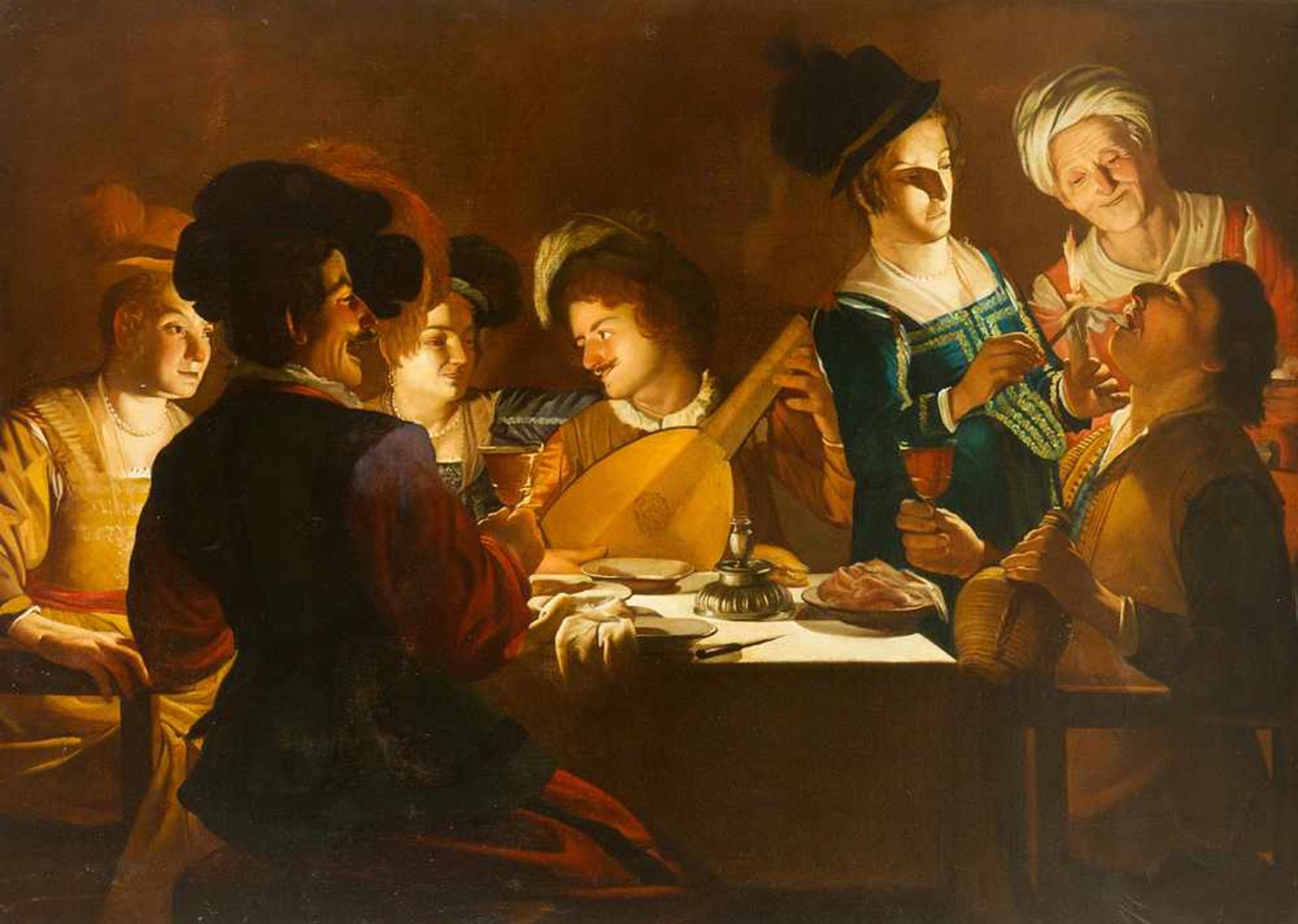 Gerrit Van Honthorst (1592-1656)-studio, Elegant company playing music and feasting at candle light; - Bild 2 aus 3