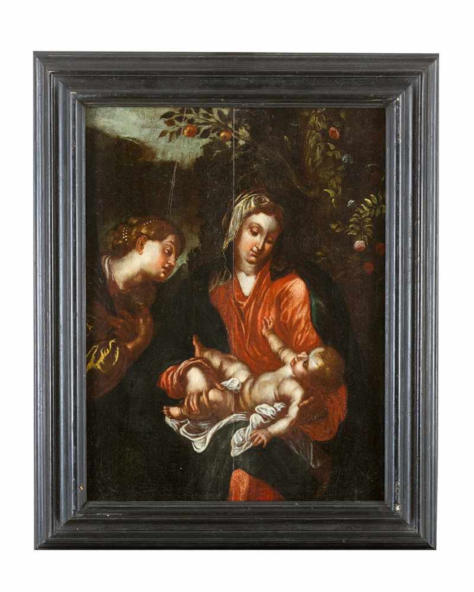 Flemish school 17th Century, Maria with child and Saint Catherine; oil on wooden panel, framed.