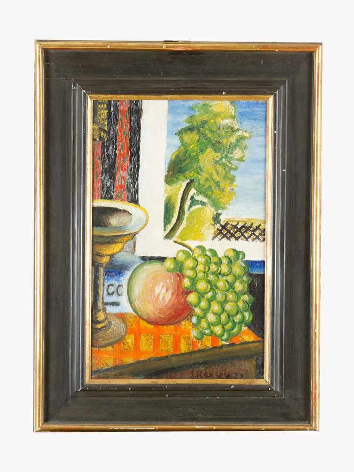 Sergey Karsky (1902-1950), Still life with landscape view, oil on board, signed bottom right and