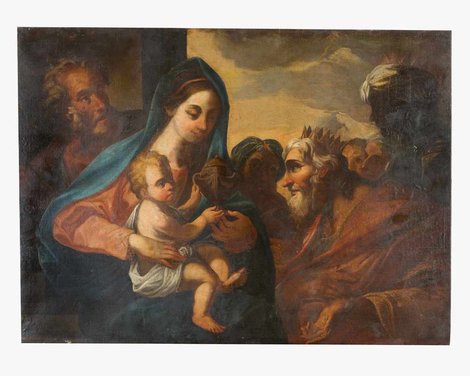 Antonio Zanchi (1631-1722)-attributed, The Holy Family and the Three Kings; oil on canvas.