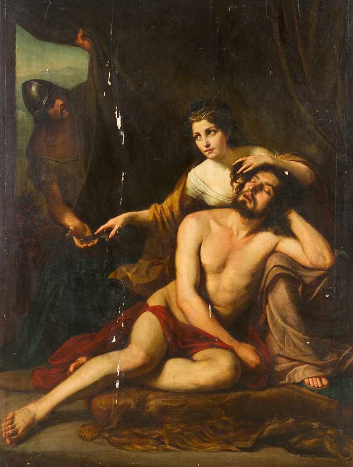 French School around 1800, Samson and Delilah; oil on large wooden panel; damages.170x135cm- - -24. - Bild 2 aus 3