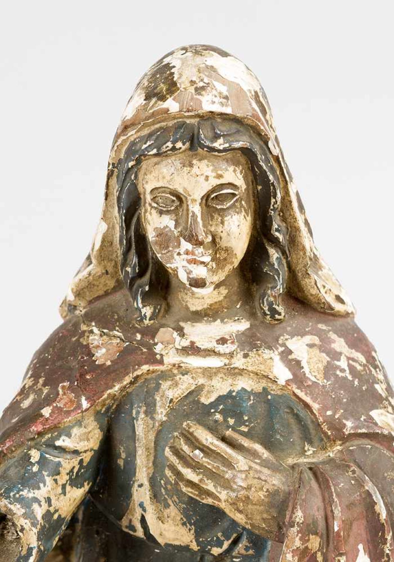 South American sculpture, kneeling Maria; wood carved with original colours; damages: 18th/19th - Bild 2 aus 3