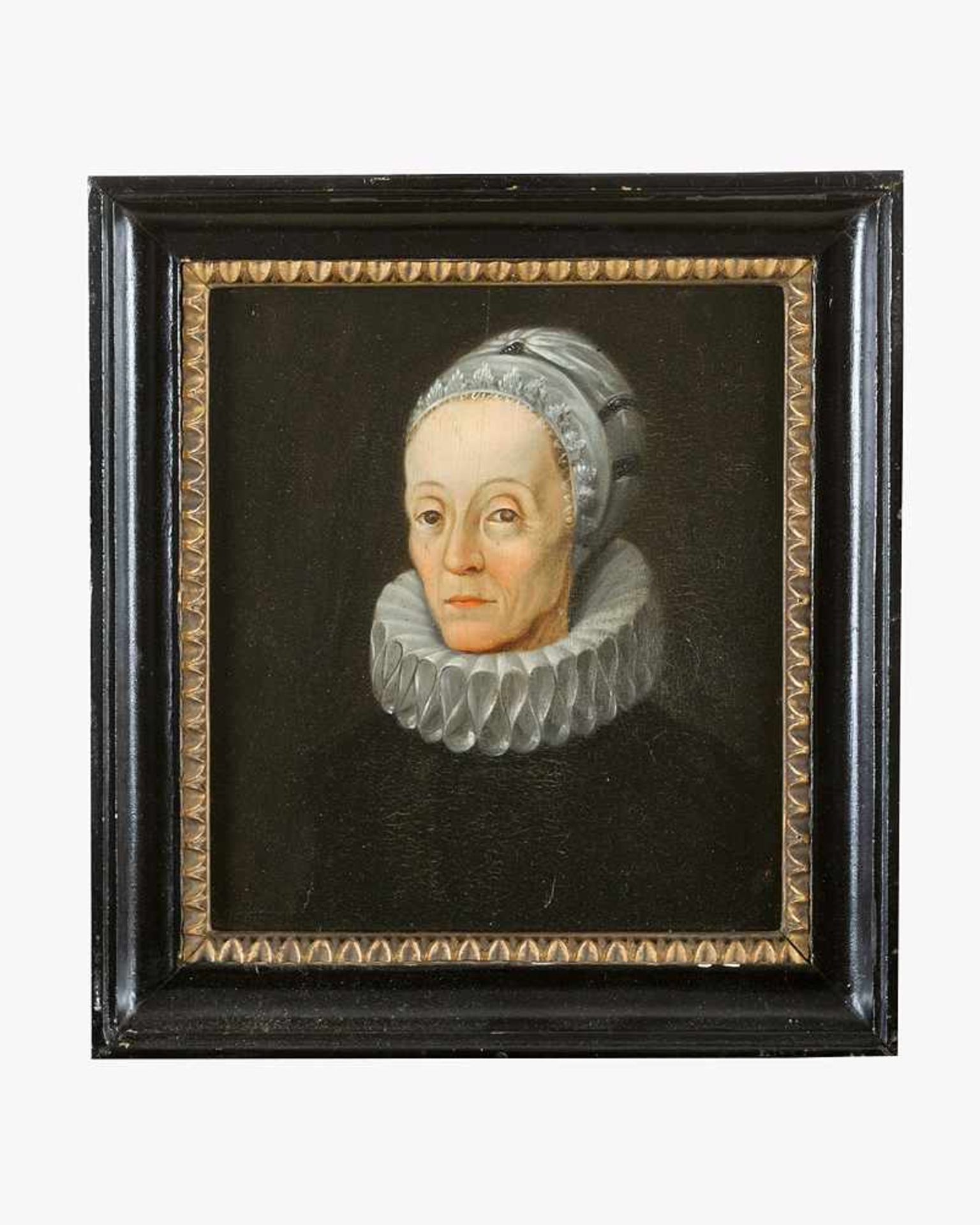 English School 17th Century, Portrait of a lady; oil on wooden panel; monogrammed on the reverse and