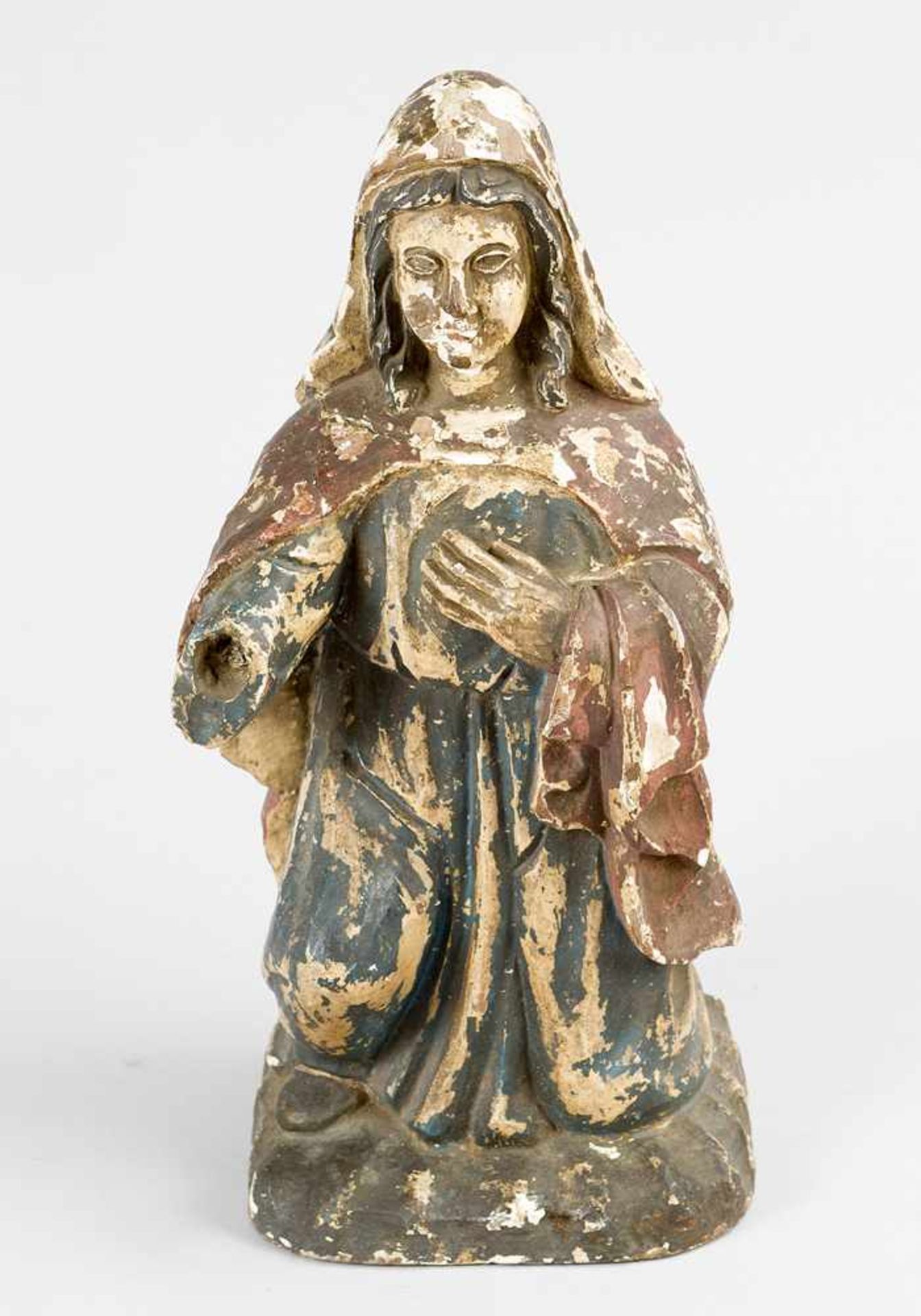 South American sculpture, kneeling Maria; wood carved with original colours; damages: 18th/19th
