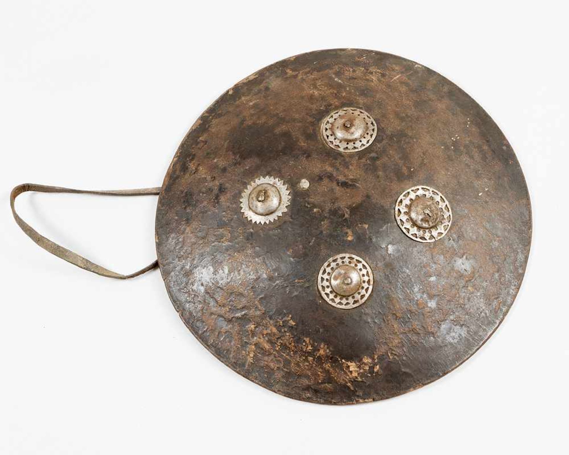 Ottoman cavalry shield, round bowed leather shield with four iron open work decorating knobs and