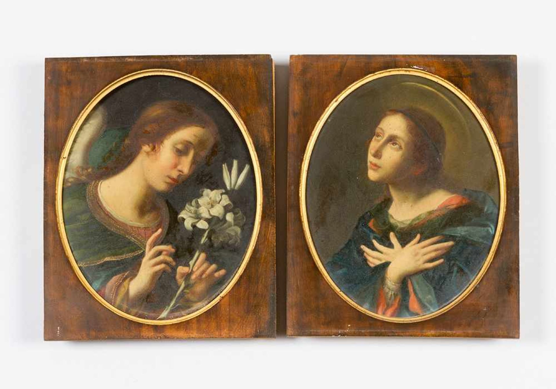 Carlo Dolci (1616 -1686 )-follower, Pair of portraits of Saint Cecil and angel; oil on paper laid