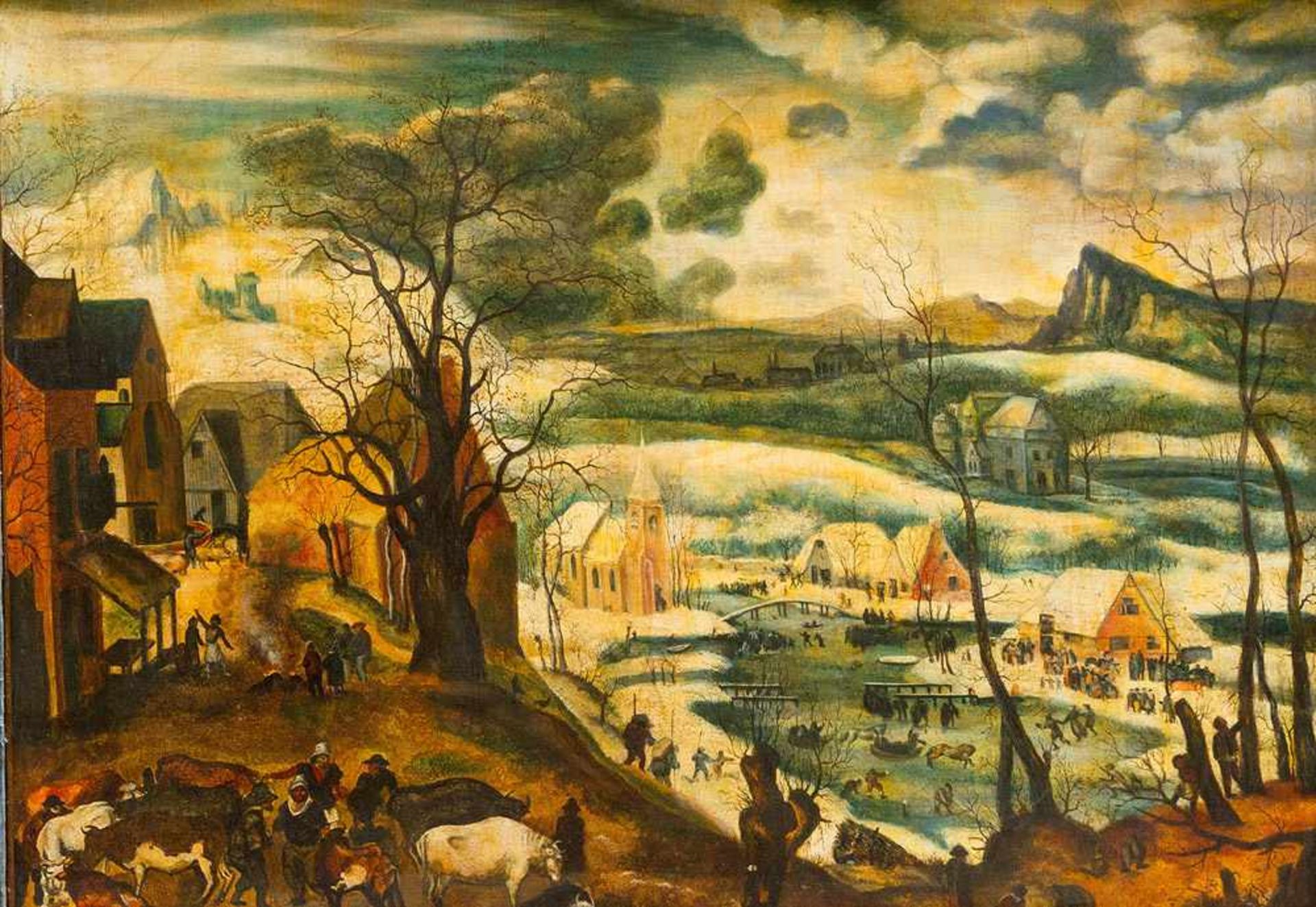 Pieter Brueghel the Younger (1564-1638)-manner, Farmer with cattle in winter by a village; oil on - Bild 2 aus 3