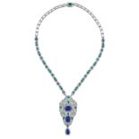 DEMI PARURE EN OR, SAPHIRS, TANZANITES, ÈMERAUDES ET DIAMANTS