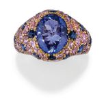 BAGUE EN OR, TANZANITE, SAPHIRS ET SAPHIRS ROSE