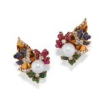 BOUCLES D'OREILLES EN OR, PERLE DE CULTURE, SAPHIRS, RUBIS,