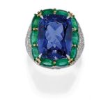 BAGUE EN OR, TANZANITE, ÈMERAUDES ET DIAMANTS