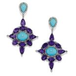 BOUCLES D'OREILLES PENDENTIF EN OR 14K, ARGENT, TURQUOISES,