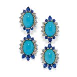 BOUCLES D'OREILLES EN OR, TURQUOISES,SAPHIRS ET DIAMANTS