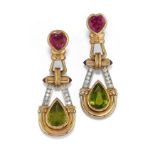 BOUCLES D'OREILLES EN OR, TOURMALINE, PÈRIDOTS ET DIAMANTS