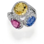 BAGUE EN OR, PIERRE DE COULEURS ET DIAMANTS