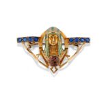 BROCHE EN OR, ÈMAIL, ZIRCON ET SAPHIRS, INSCRITE R. LALIQUE