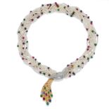 COLLIER TORCHON EN OR DEUX TONS, PERLES DE CULTURE, RUBIS, SAPHIRS,