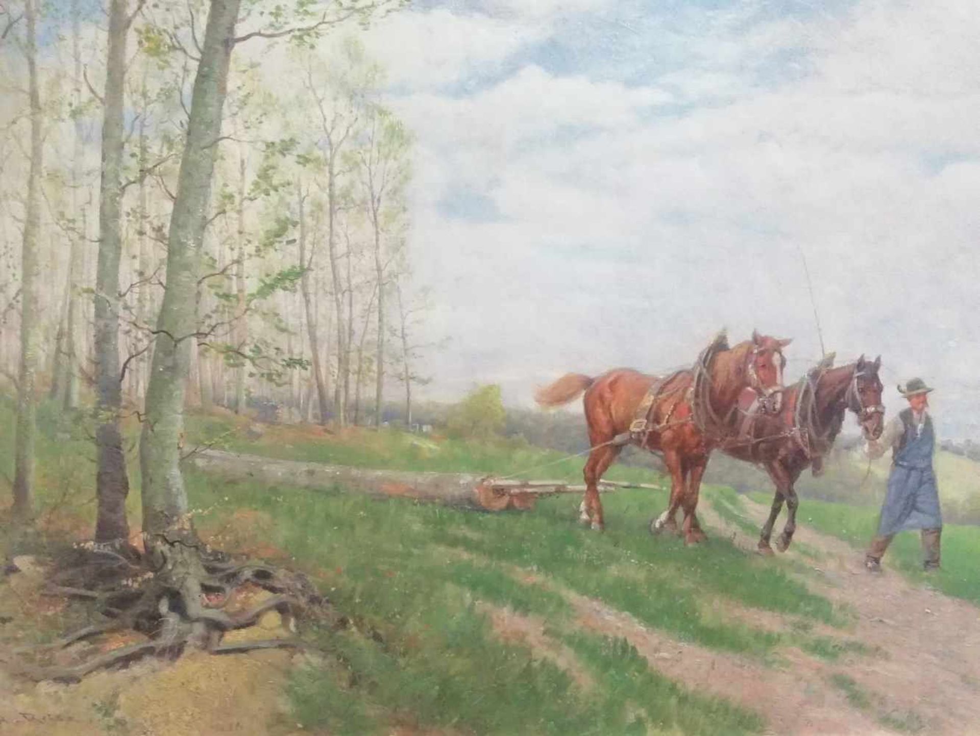 Hermann Reisz (Neuhäusl 1865-1920 Wien)Donauufer bei Klosterneuburg mit Pferden, Öl auf Holz,