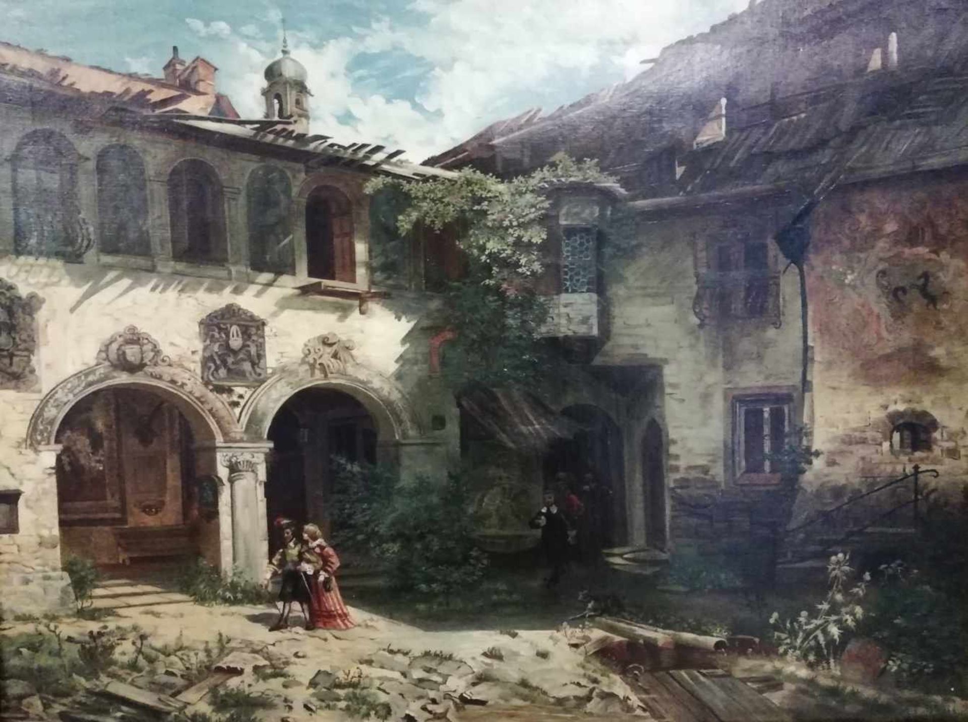 Künstler 19.Jh.Blick in den Innenhof eines Schlosses, signiert Margile, datiert 1902, Öl auf