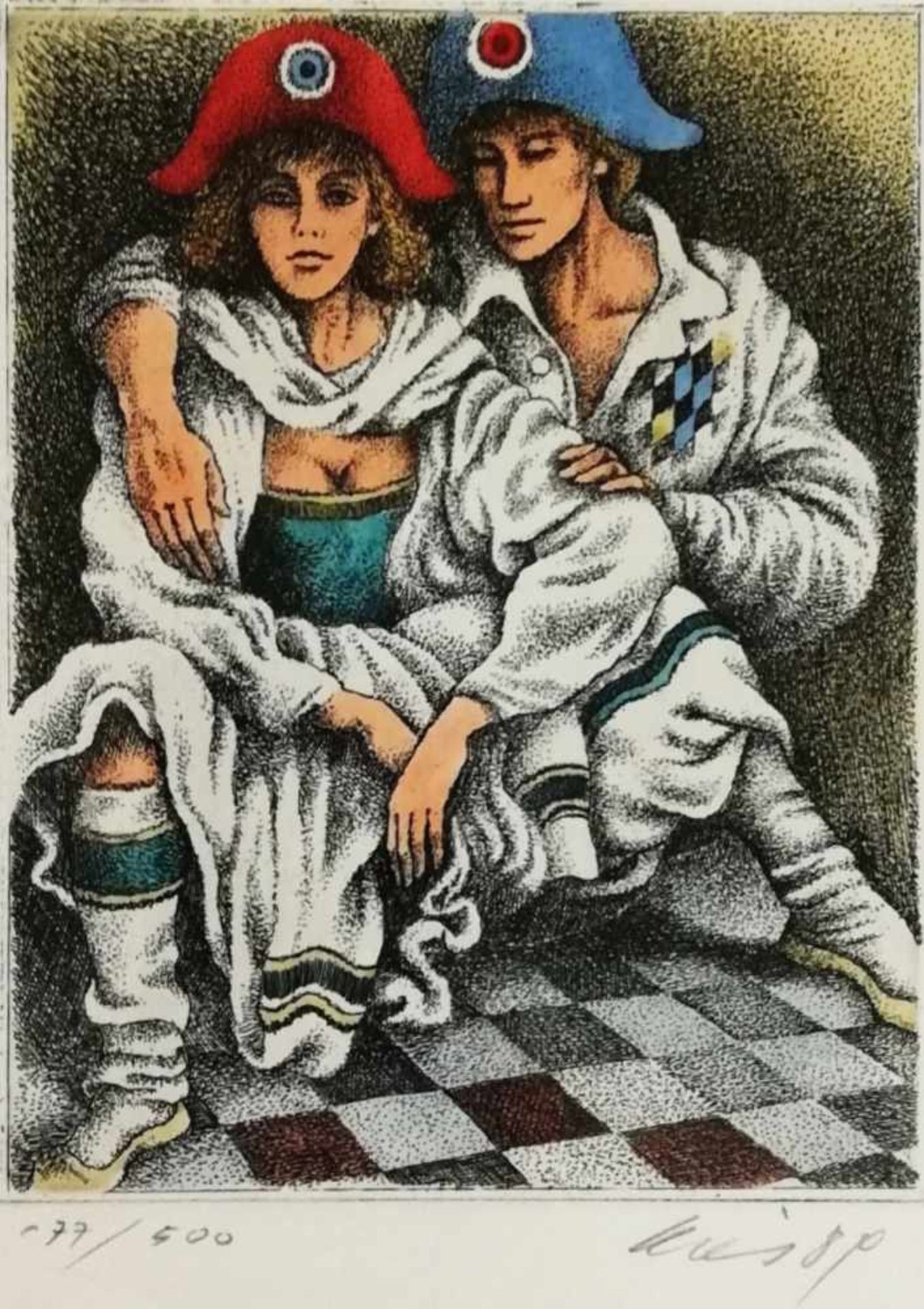 Helmut Kies (Wien 1933 geb.)Harlekin mit Mädchen, Lithografie in Farbe, signiert Kies 89, Nr. 177
