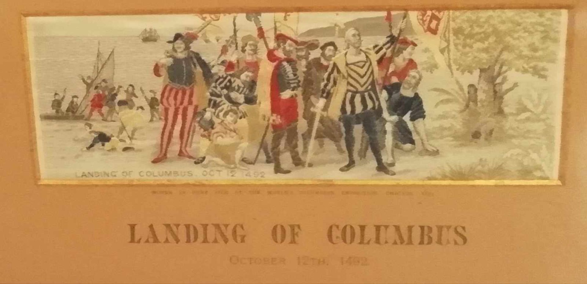 Bild, "Landing of Columbus"Stickarbeit, October 12Th 1492, verglast, Rahmen um 1880, kleine