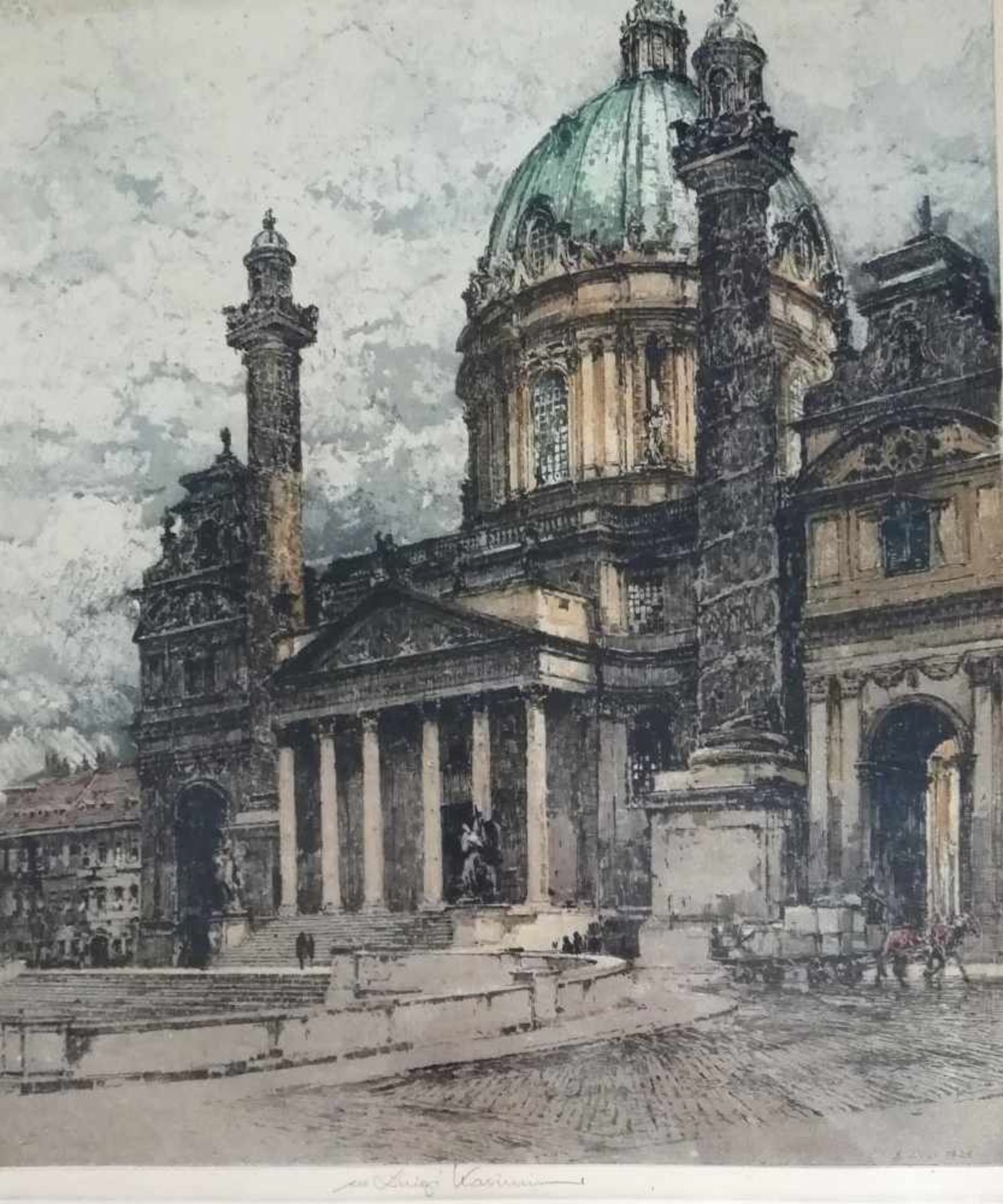 Luigi Kasimir (Pettau 1881-1962 Wien)Nachlaß Stempel, Karlskirche, Radierung in Farbe,