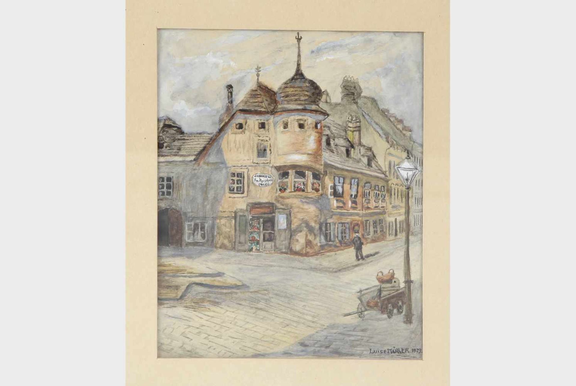 Luise Müller, datiert 1929Häuseransicht, Aquarell auf Papier, 13x10,5 cm, in Passepartout, verglast,