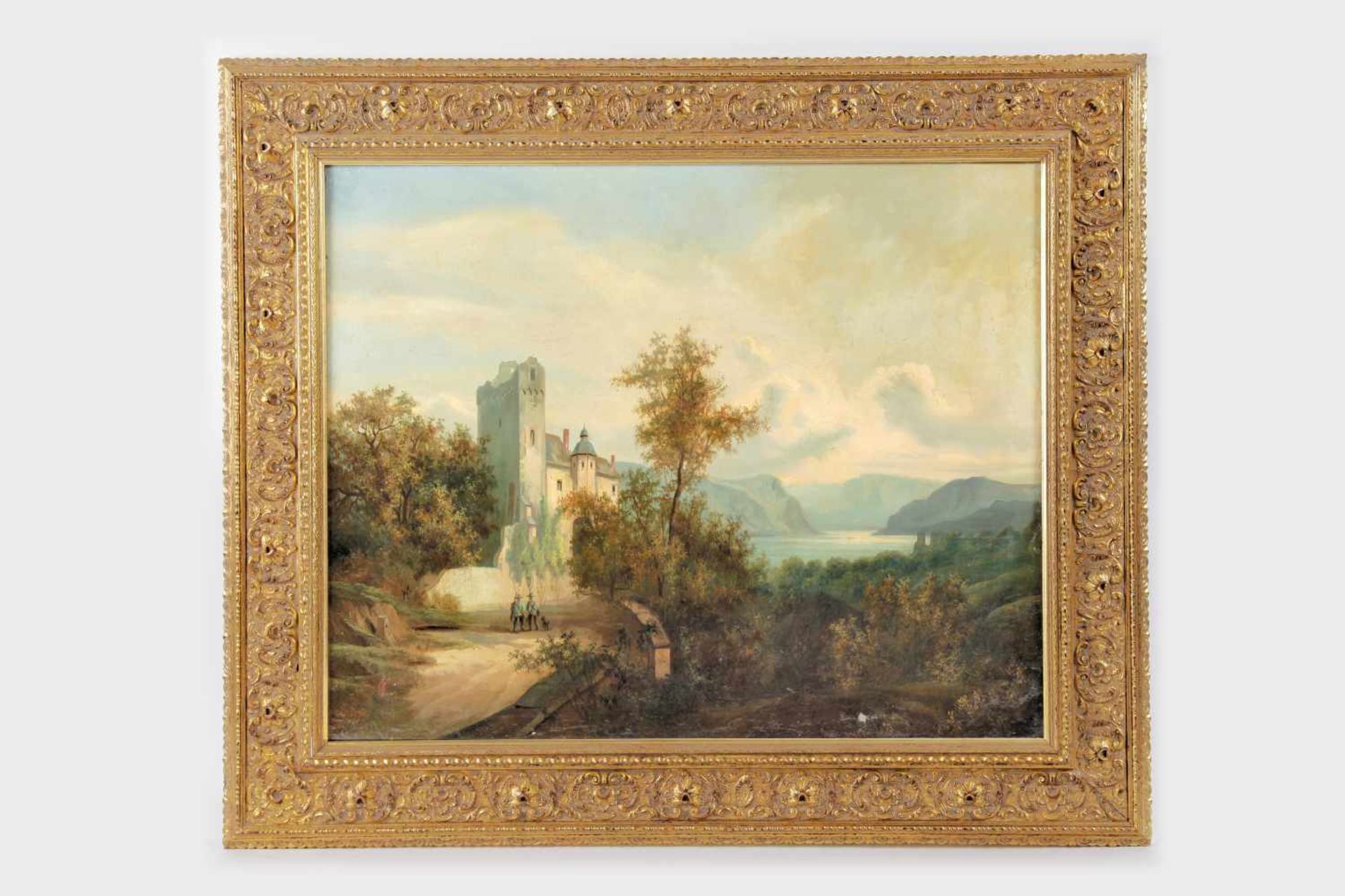 Maler des 19.Jh.Romantische Landschaft mit Burg, Öl auf Leinwand, kaschiert auf Holzplatte, - Bild 2 aus 2