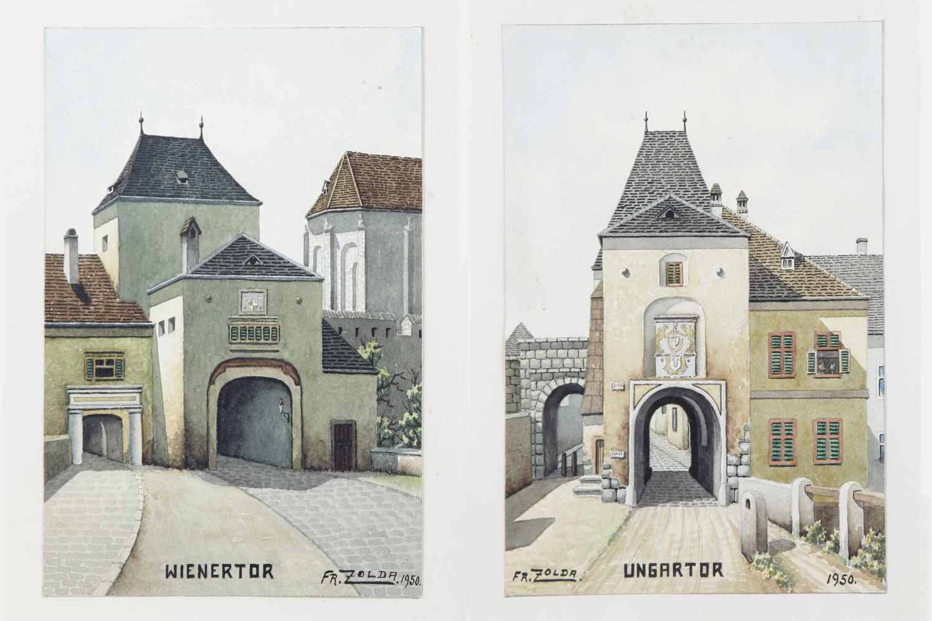 2 Bilder, Franz Zolda, Wiener Neustadt Ungartor, Wienertor, Aquarell auf Papier, signiert Fr.