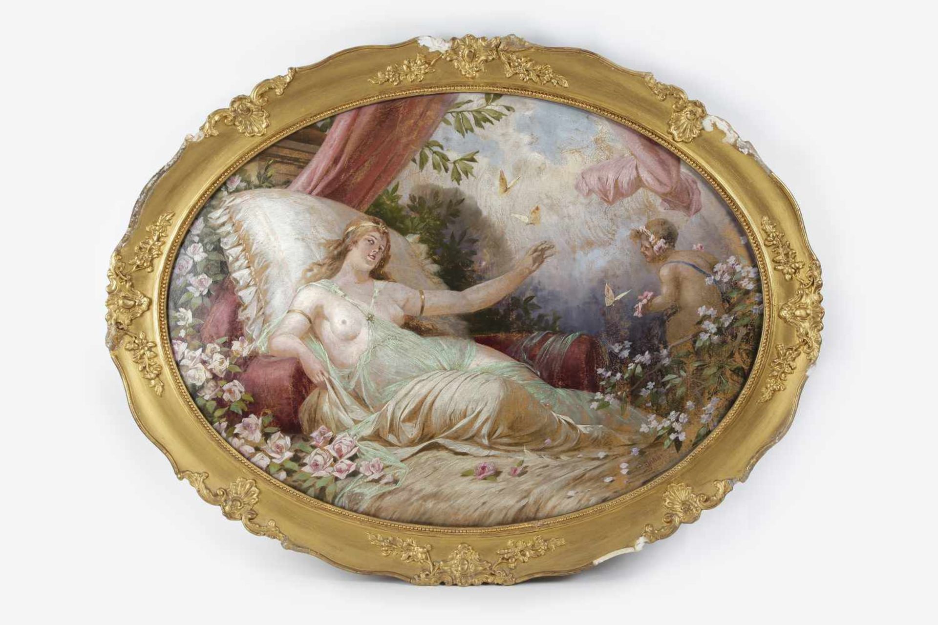 Künstler um 1900 Liegende Dame auf Sofa, oval, Öl auf Platte, 70x96 cm, Bilderrahmen stark besch.;