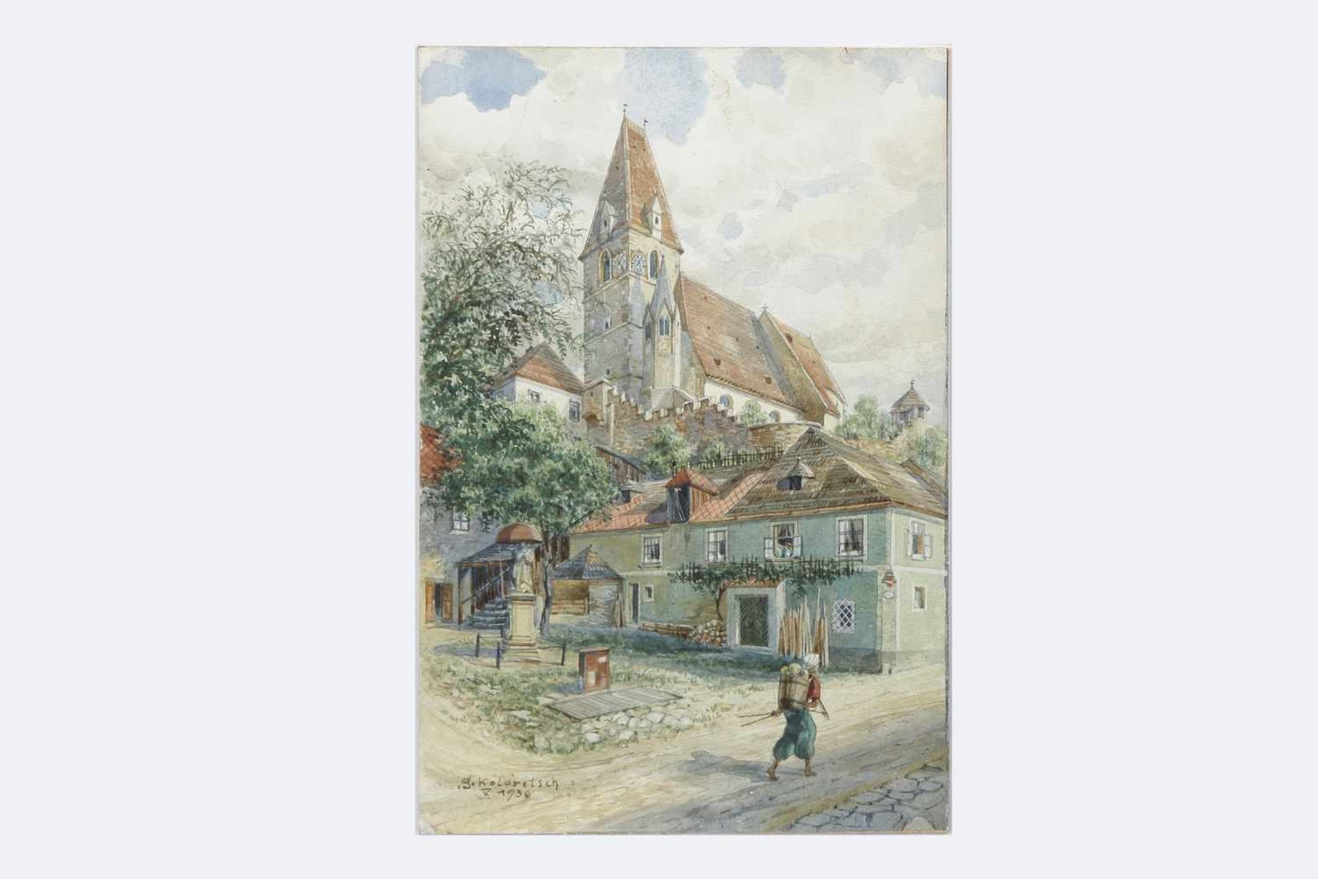 Gustav Kolaritsch signiert,Blick auf die Kirche, sign. G. Kolaritsch, dat. X. 1936, Aquarell auf