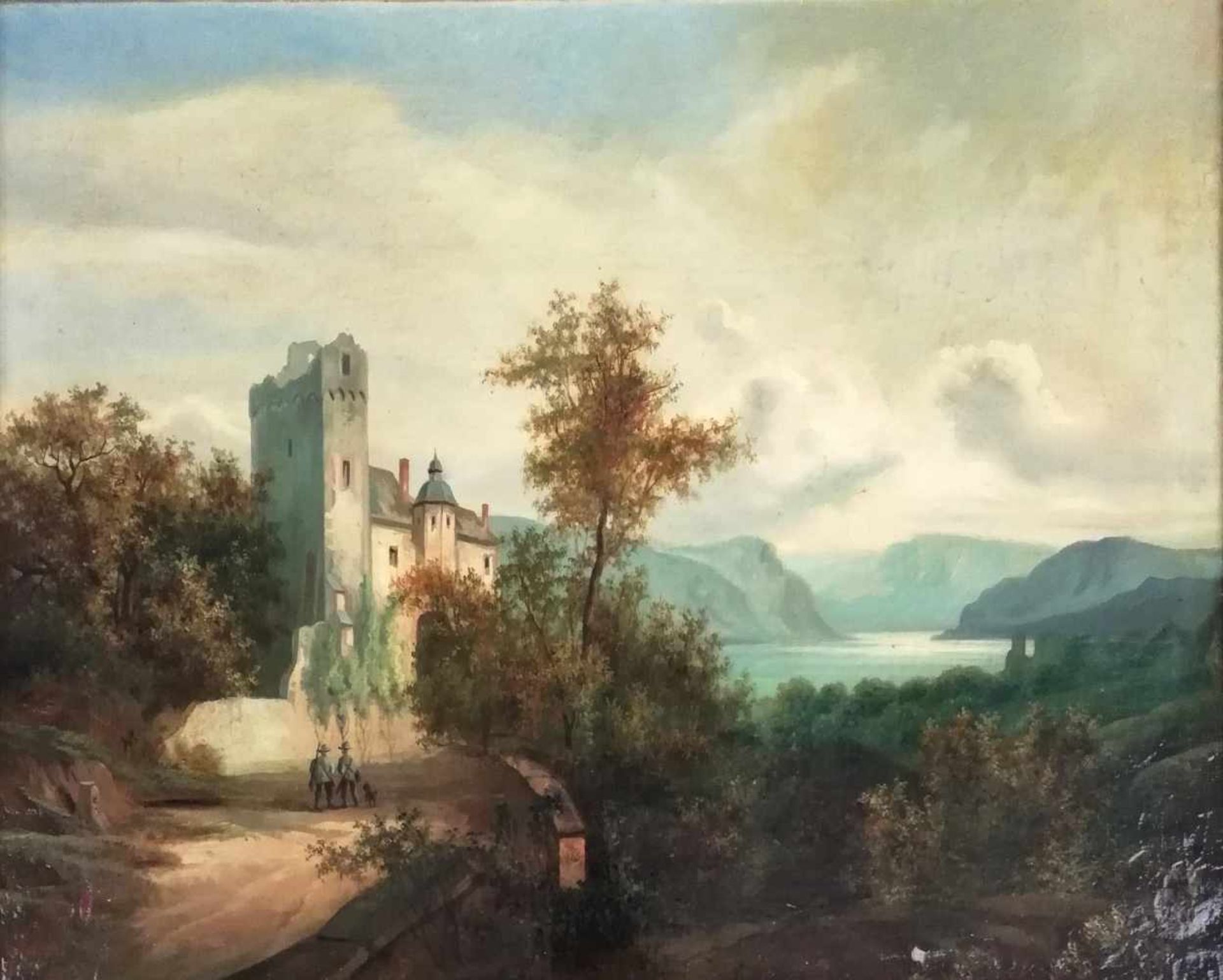 Maler des 19.Jh.Romantische Landschaft mit Burg, Öl auf Leinwand, kaschiert auf Holzplatte,