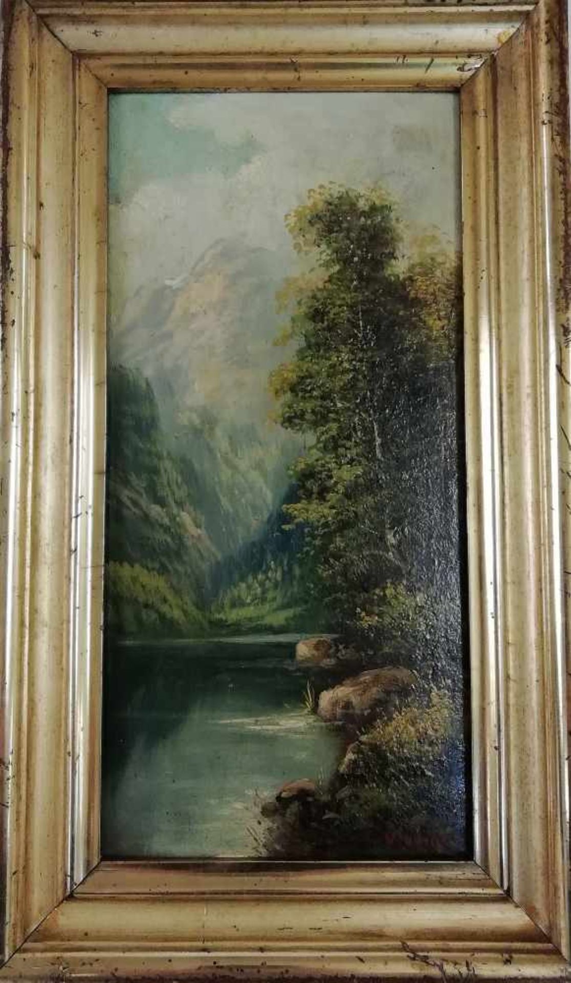 Künstler um 1900bezeichnet Dietedar, Gebirgslandschaft, signiert, Öl auf Holzplatte, 30,5x14,5 cm,